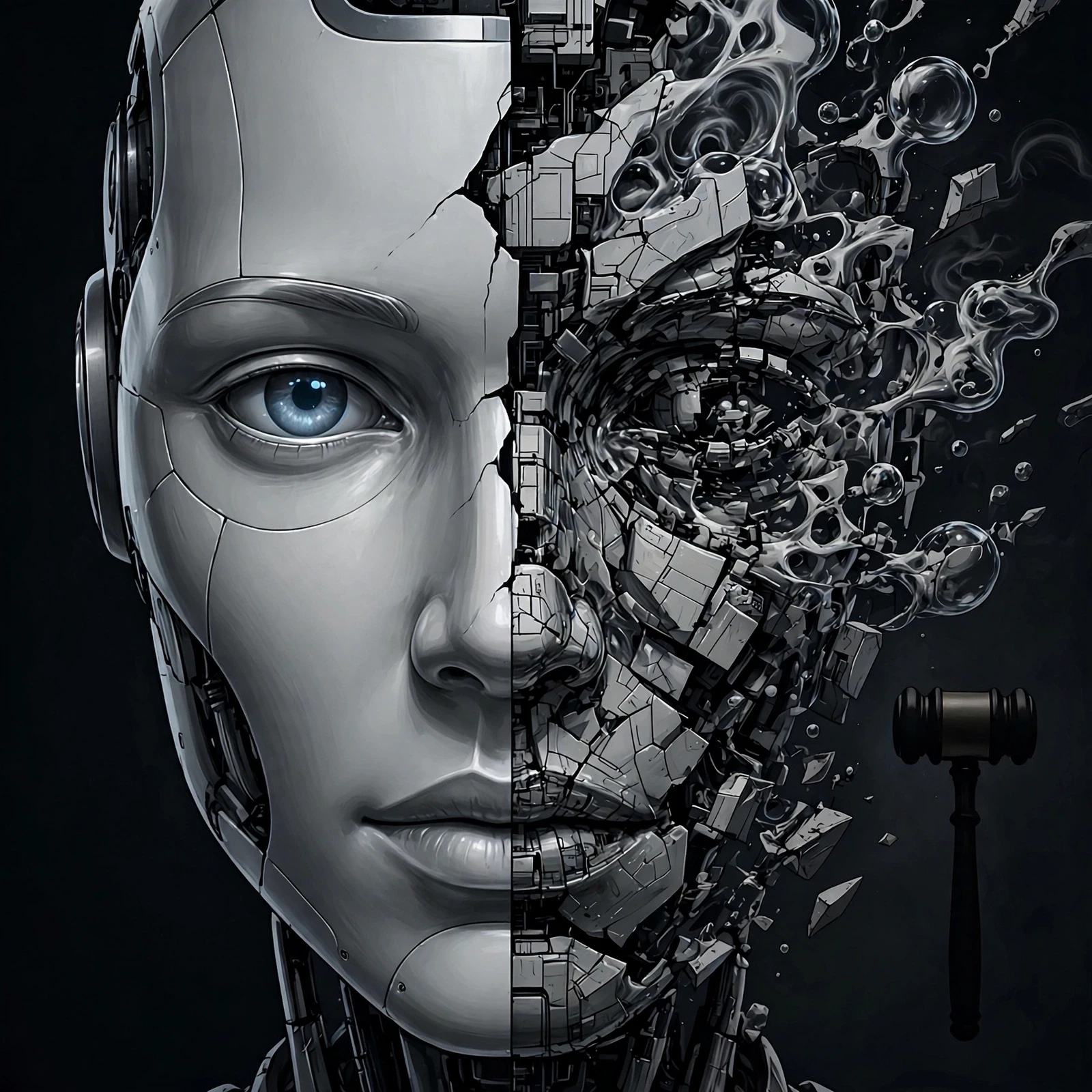 AI幻觉题图：半张正常AI脸与半张碎裂错乱