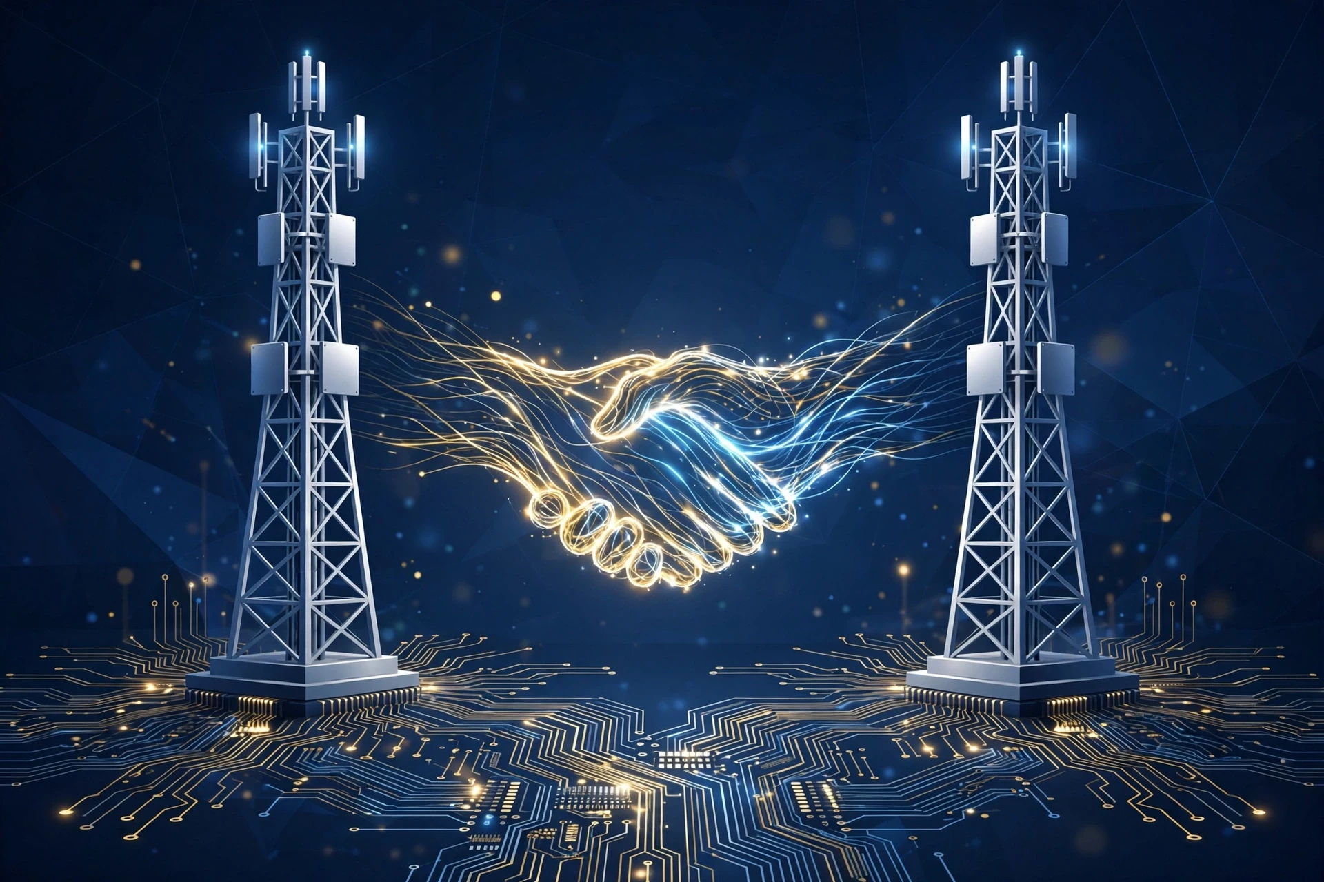 两座5G信号塔之间光线握手、电路板纹路，5G专利交叉许可题图